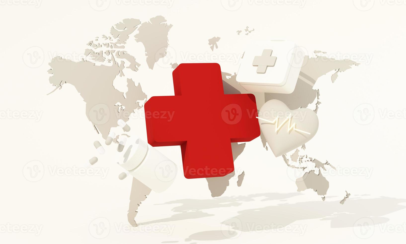 May 8th, World Red Cross symbol with globe on white background, and red paper people, low poly trees around the world, World Red Cross and red Crescent Day, insurance. realistic 3d render photo
