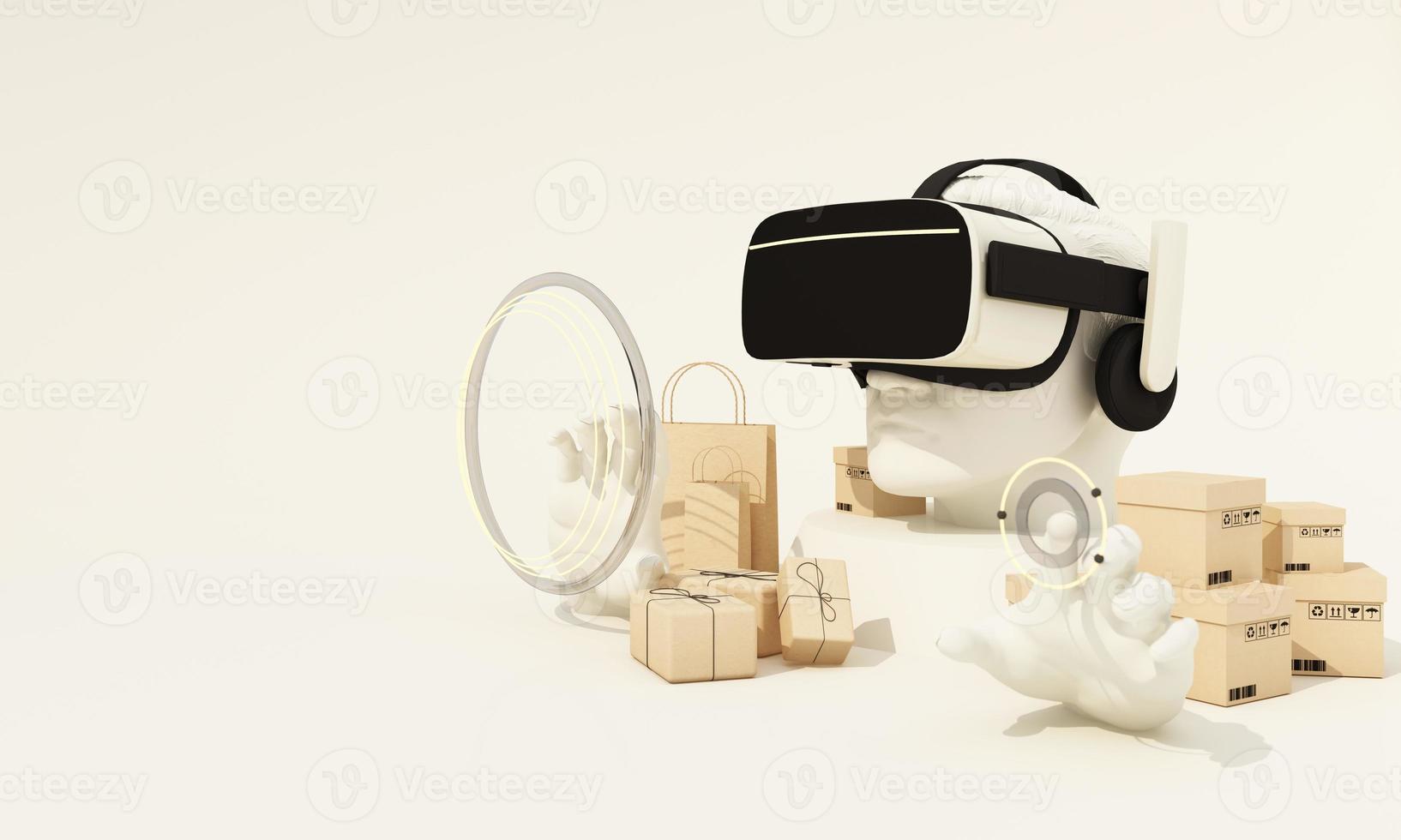 white Head Mannequin Male Model Wearing VR Glasses Shopping Online by using the hand to control the simulation button with parcel box and payment via credit card isolate realistic 3d render photo