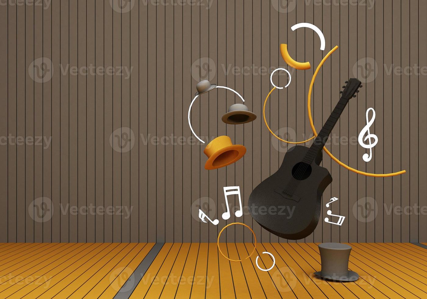 guitar and black hat with music keys on a yellow floor and background 3D Render. photo