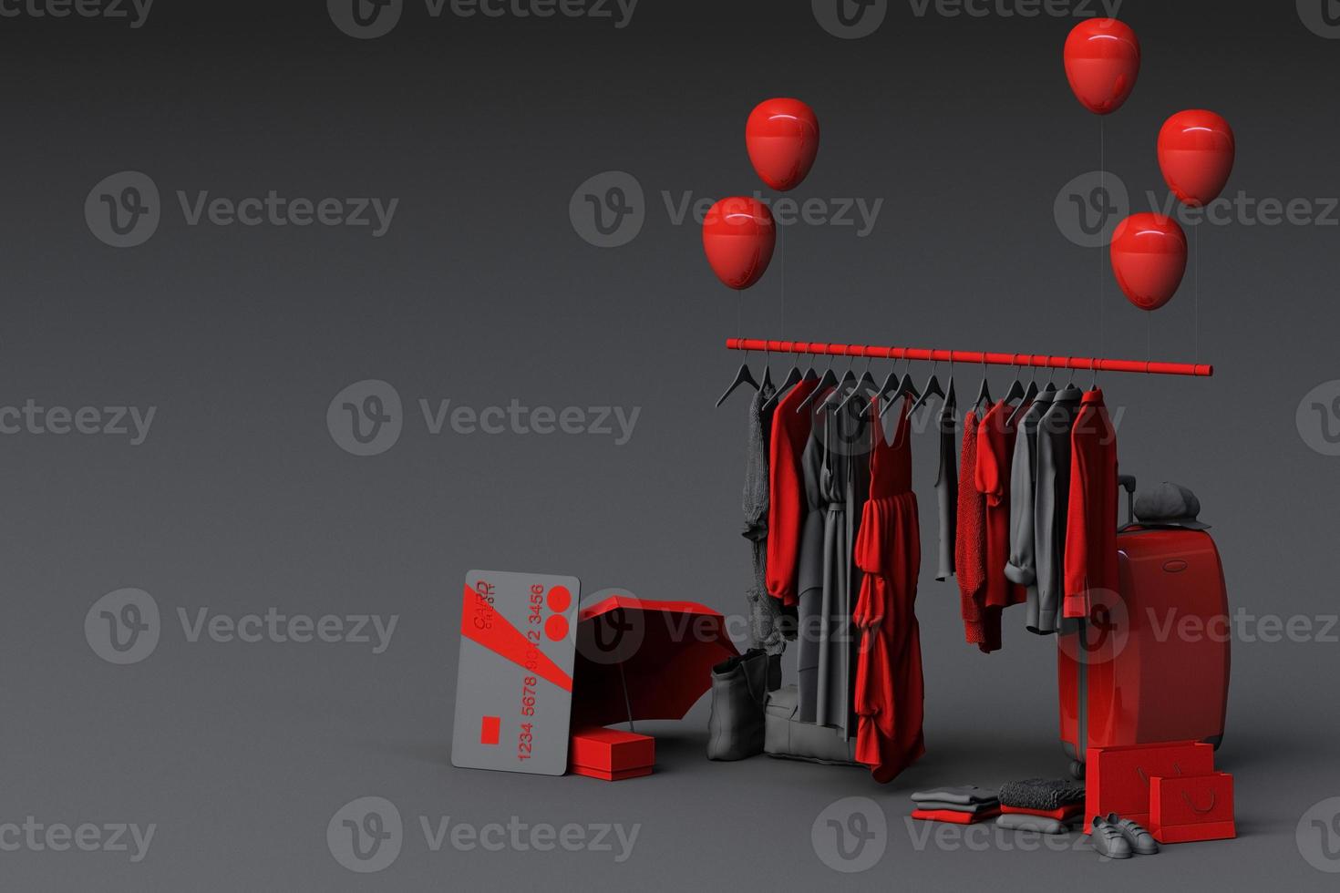 Clothes on a hanger surrounding by bag and market prop with credit card on the floor. 3d rendering photo