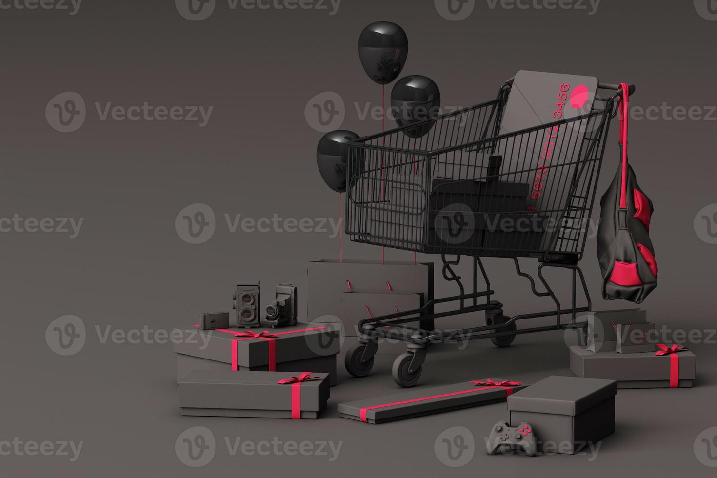 Supermarket shopping cart surrounding by giftbox with credit card on pastel background. 3d rendering photo