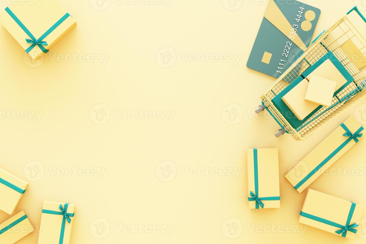 Supermarket shopping cart surrounding by giftbox with credit card on pastel background. 3d rendering photo