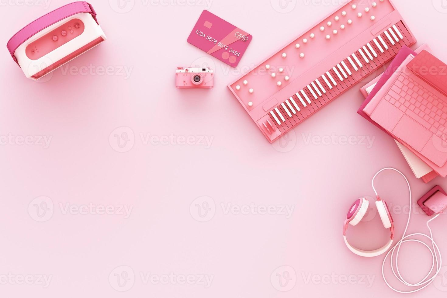 Supermarket shopping cart surrounding by giftbox with credit card on pastel background. 3d rendering photo