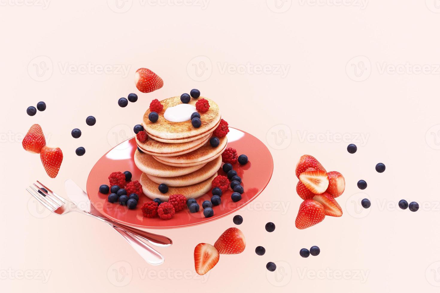 Pancake with blueberry and strawberry in the plate on pink pastel background. 3d render photo