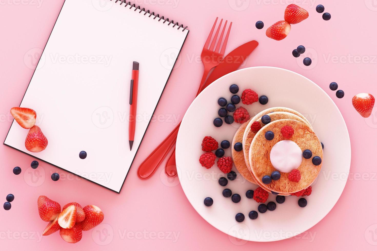 Pancake with blueberry and strawberry in the plate on pink pastel background. 3d render photo