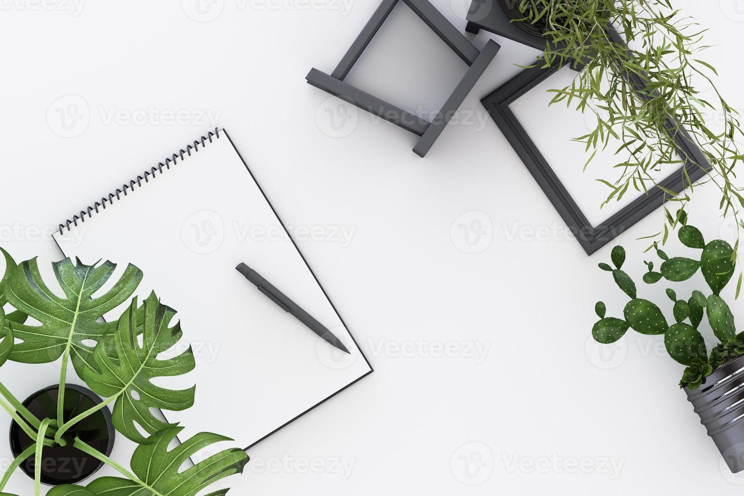 Design concept - top view of white A4 flipped paper with black clipboard, potted plant, cactus, frame and pen on pastel background. 3d rendering photo