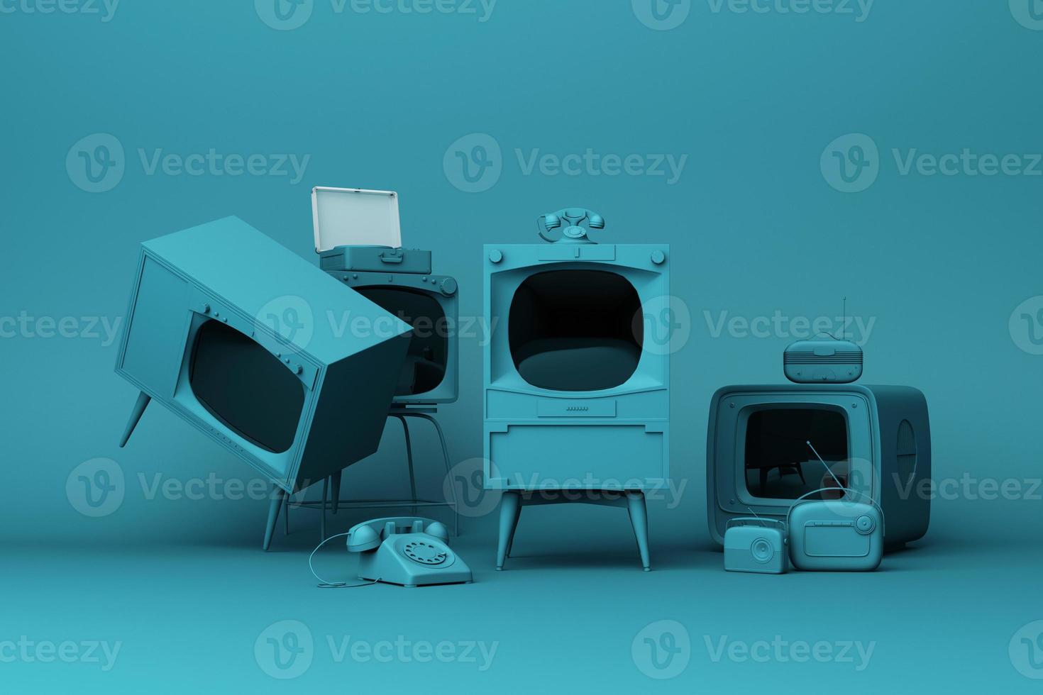Old televisions and vintage radio player on a pastel background. 3D rendering photo