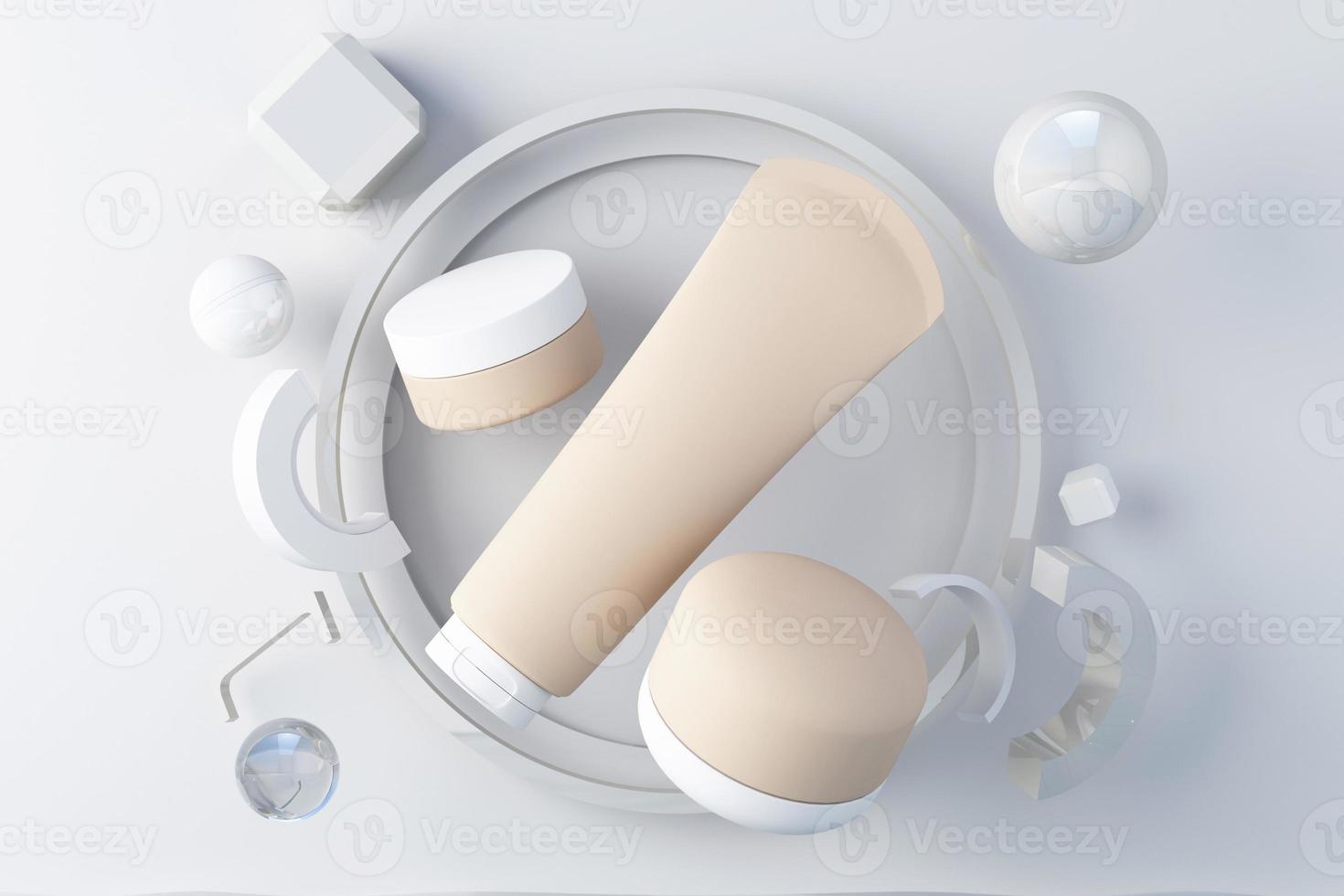 cosmetic product mockups on geometric podiums. Background and geometric shape on the water for presentation of cosmetic realistic 3d rendering photo