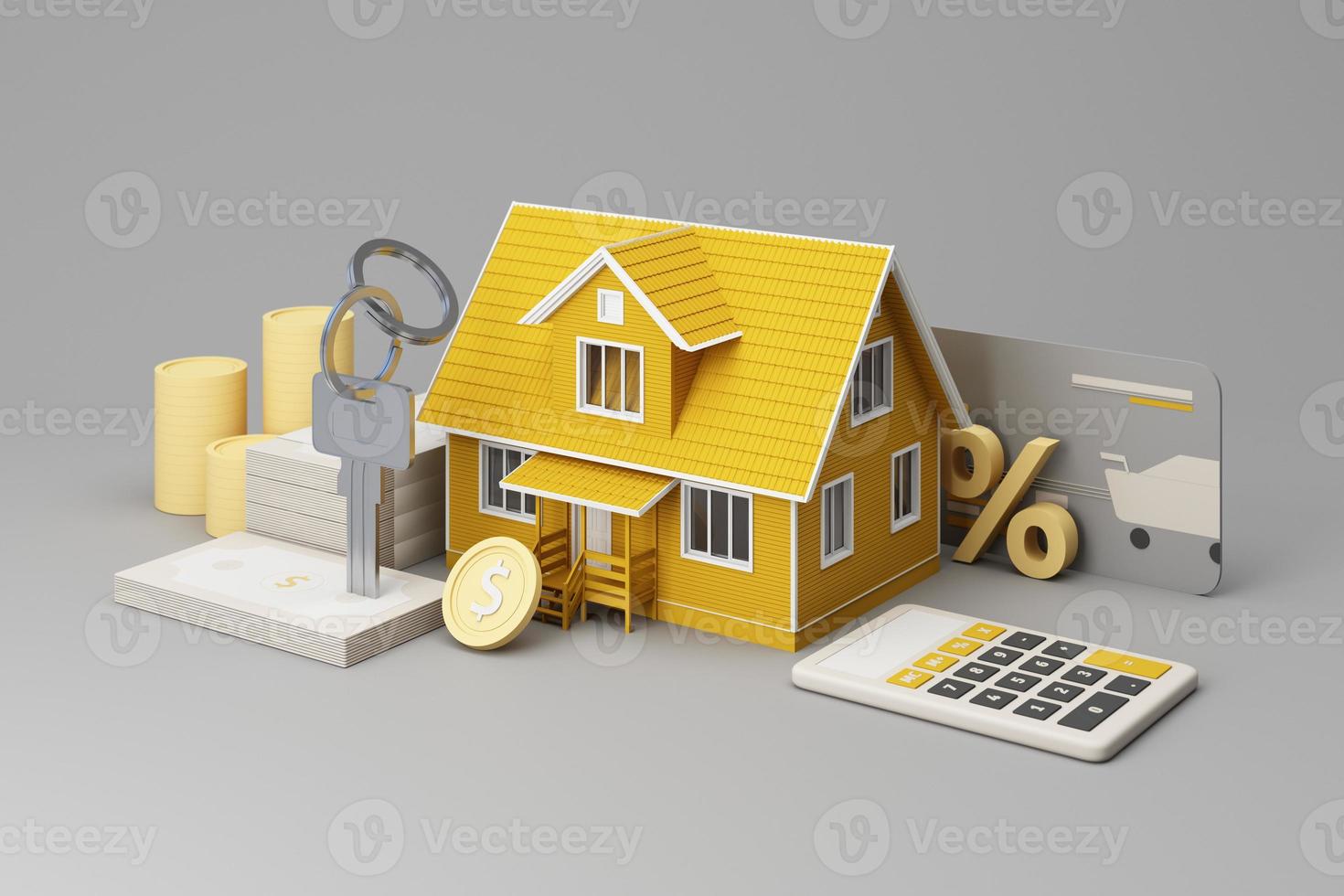 Real estate property investment or insurance. Home mortgage loan rate. Saving money for retirement concept. Coin stack on banknotes with yellow house model, homes key and cartoon hand. 3d rendering photo