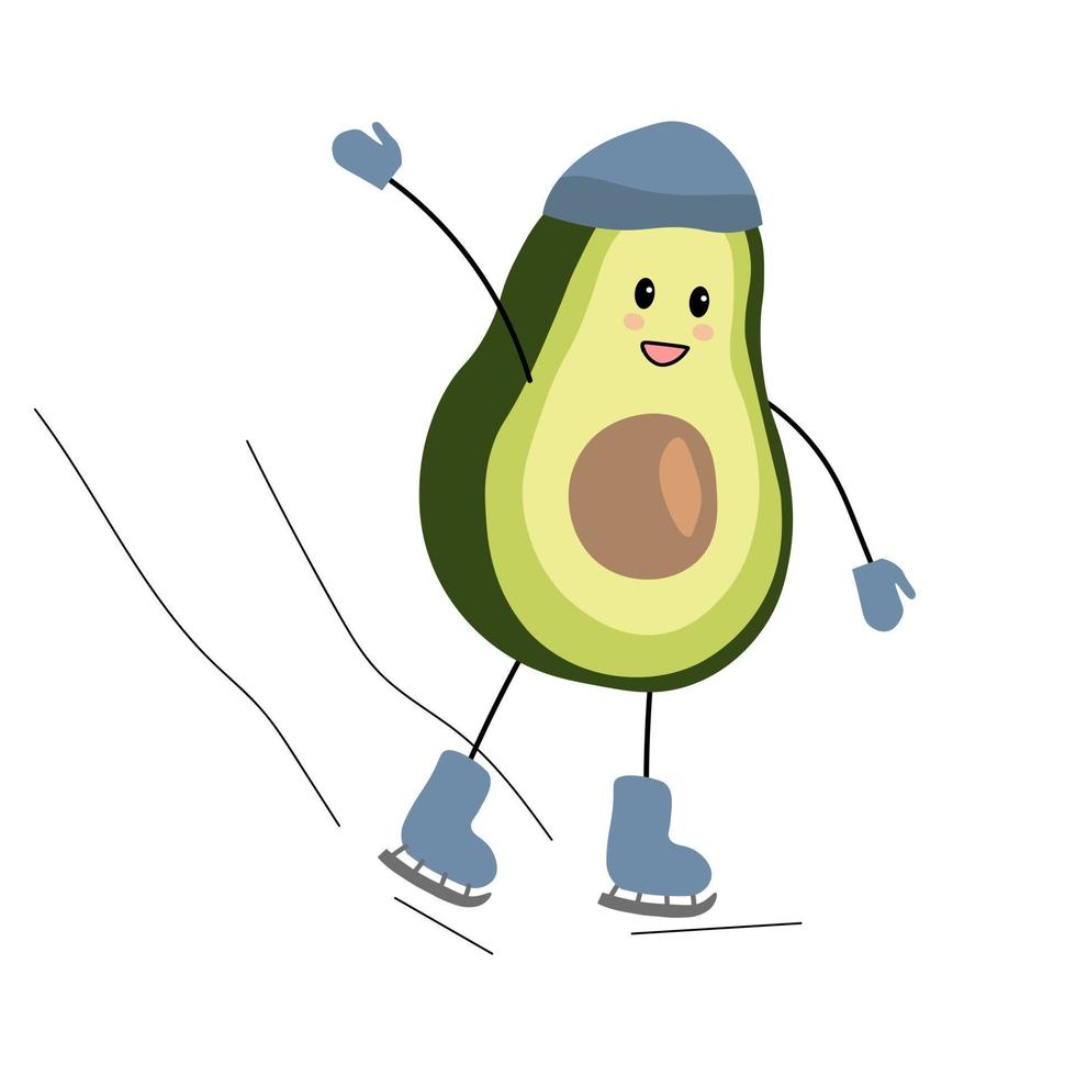 Vector illustration winter character avocado guy in a hat, boot and gloves skates in winter.