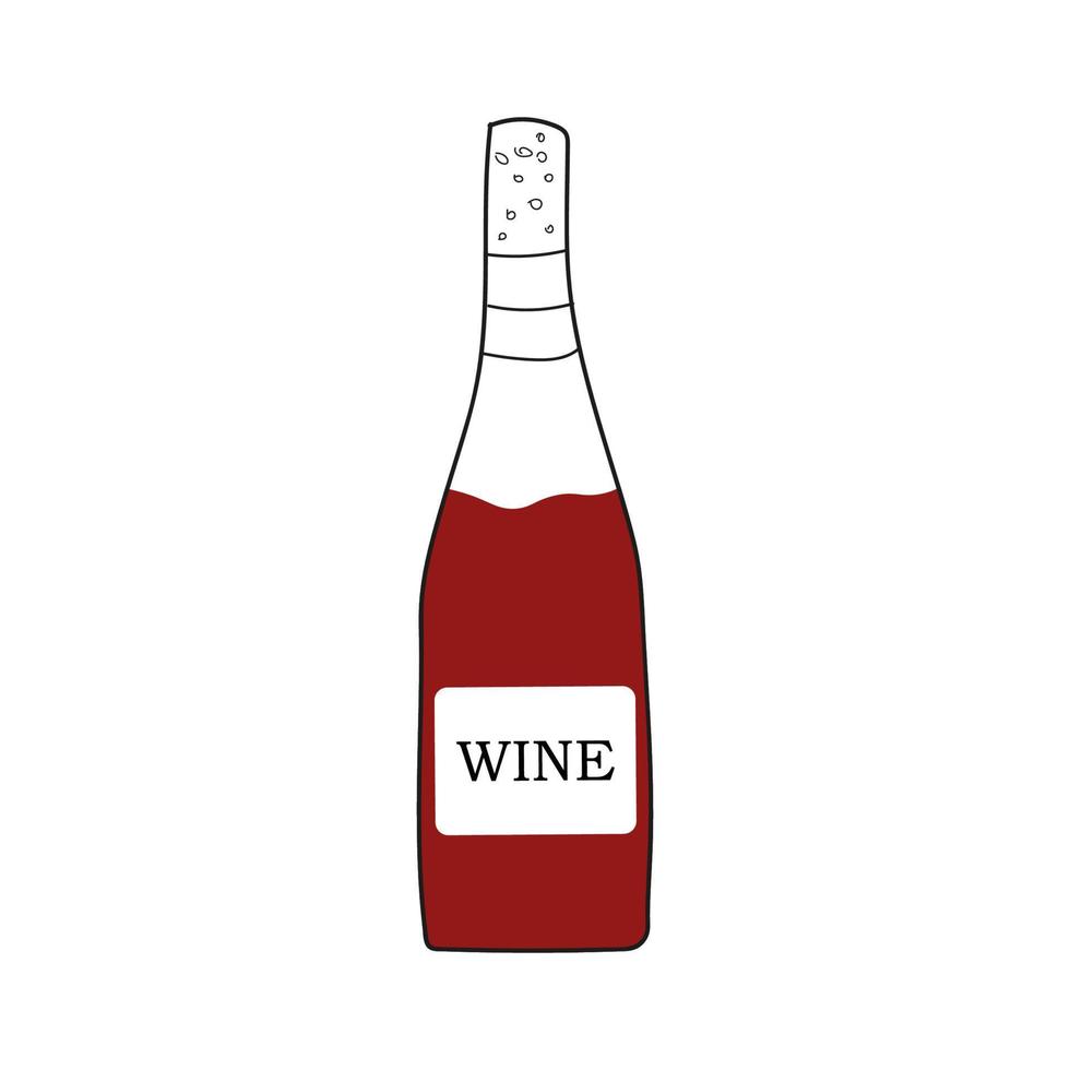 Red wine in bottle doodle vector illustration.Red wine in flat style