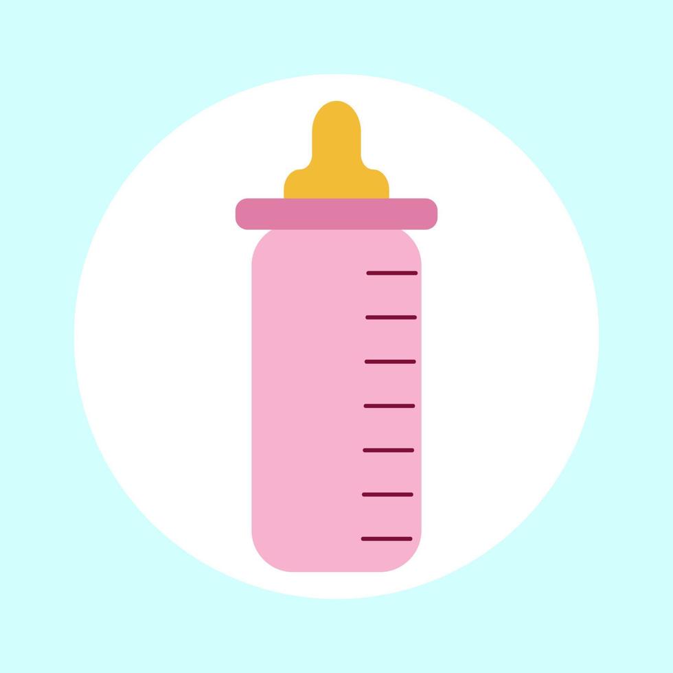 Vector illustration of a baby bottle in pink color for a newborn girl. On a blue background