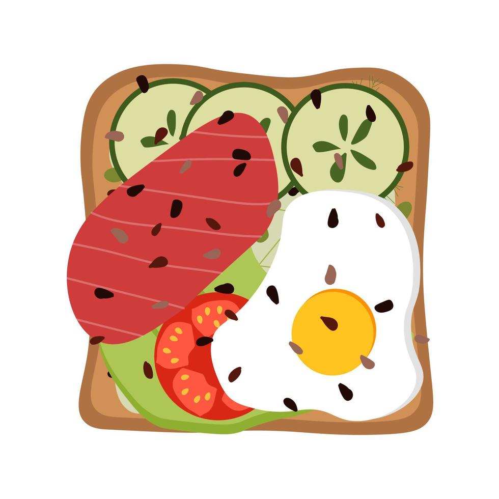 toast with fried egg, red fish and avocado for breakfast. vector flat illustration