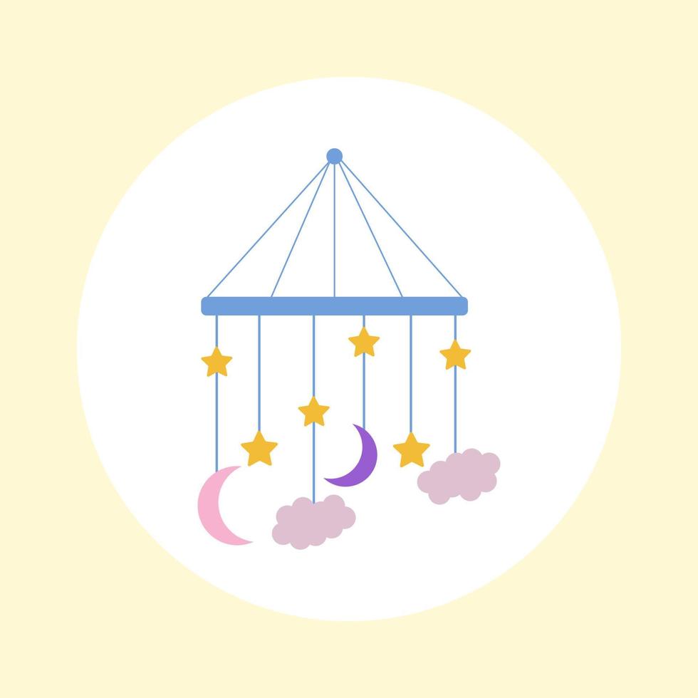 Vector illustration of a baby mobile in the crib with a month, stars and clouds. Blue mobile on a yellow background. Boy's mobile