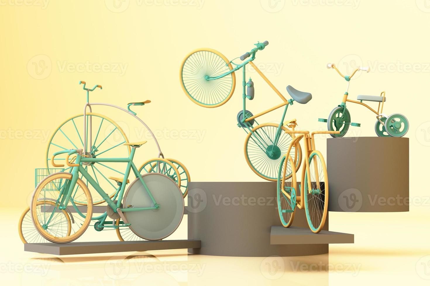 Many bicycle on platform with yellow background. Retro bike. 3d rendering photo