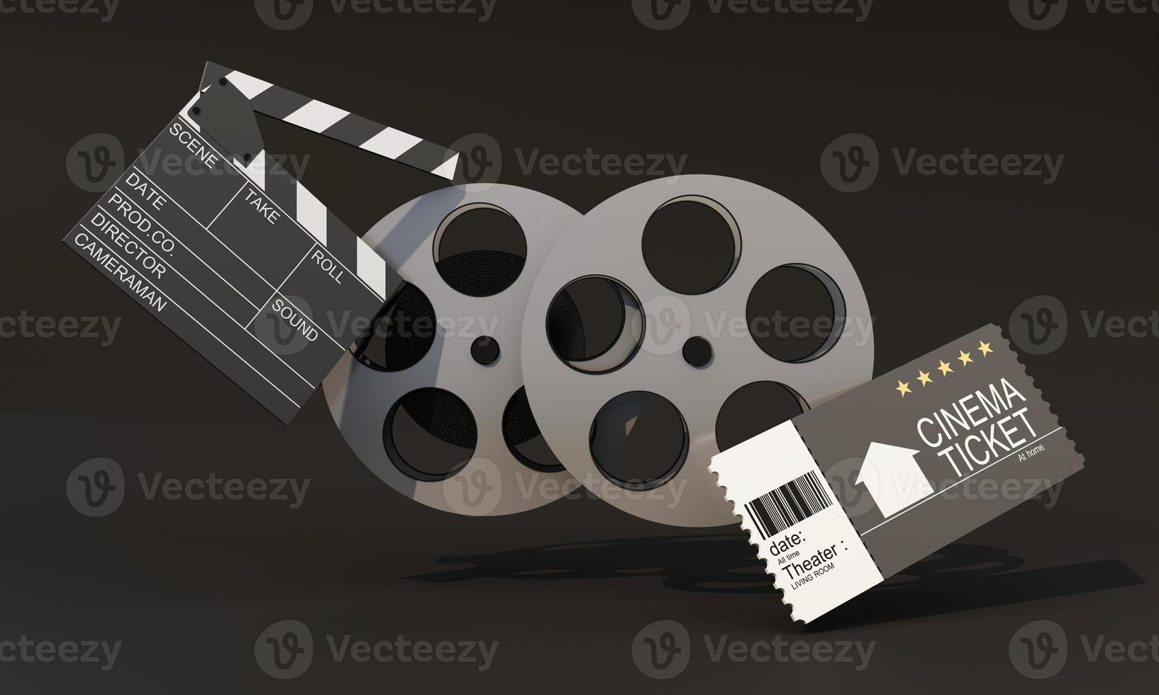 concept film producer This includes the director's chair, film reels, monitors, cinematographers, movie tickets and filmmaking equipment, and a discrete clapperboard on background. 3d render photo
