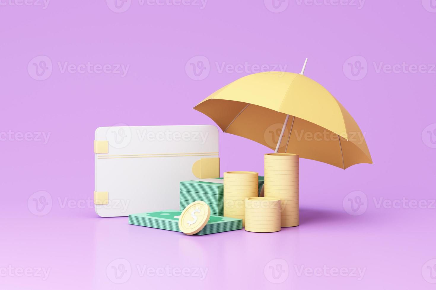Concept of money protection, financial savings insurance. Secure investment, surrounding by gold coin and cash, wallet, umbrella, isolated on purple pastel background realistic 3d render. photo