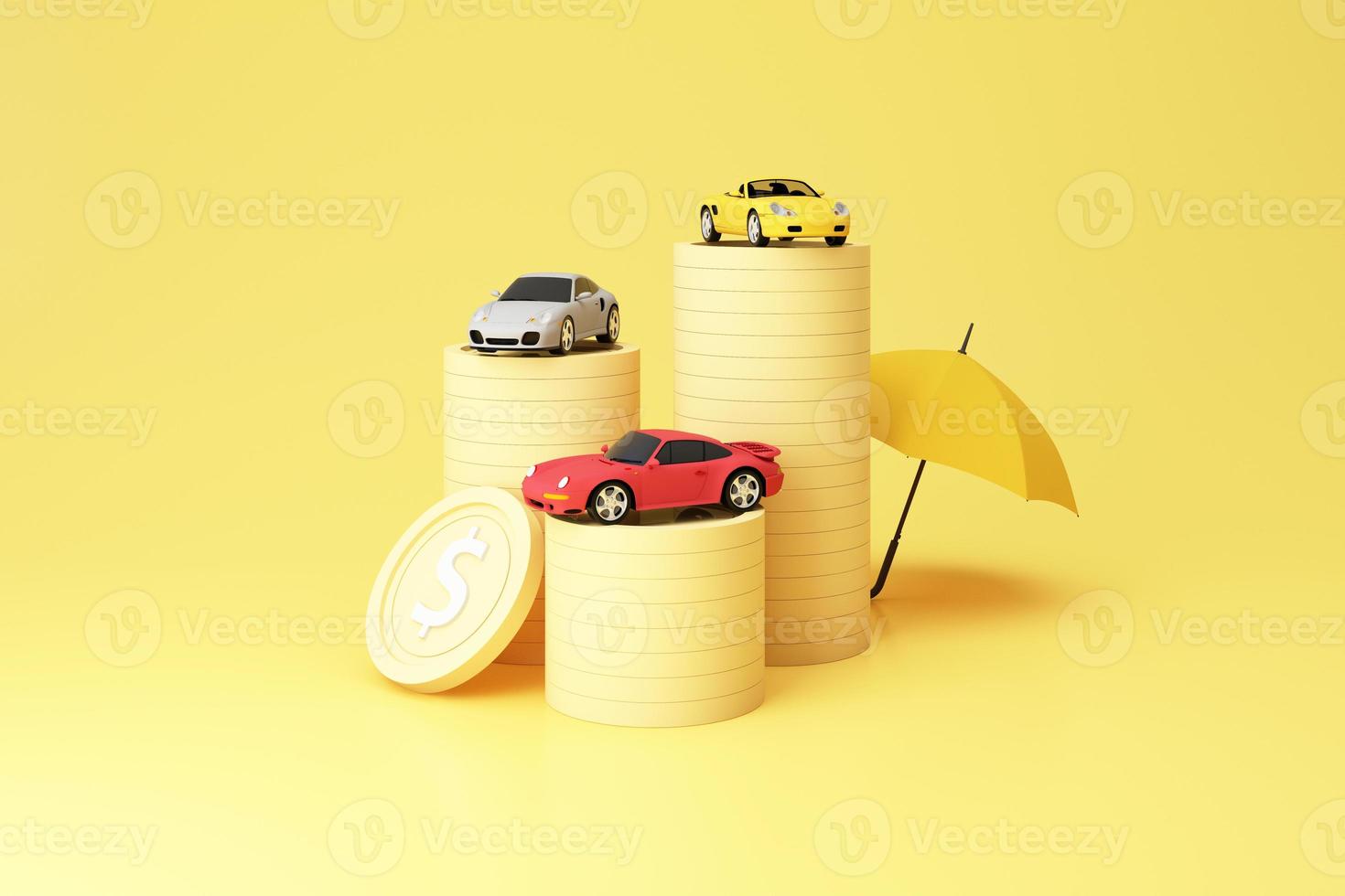 Car automobile insurance and collision damage waiver concept surrounding by gold coin with sport car model and umbrella shield isolated on yellow pastel background. realistic 3d render photo