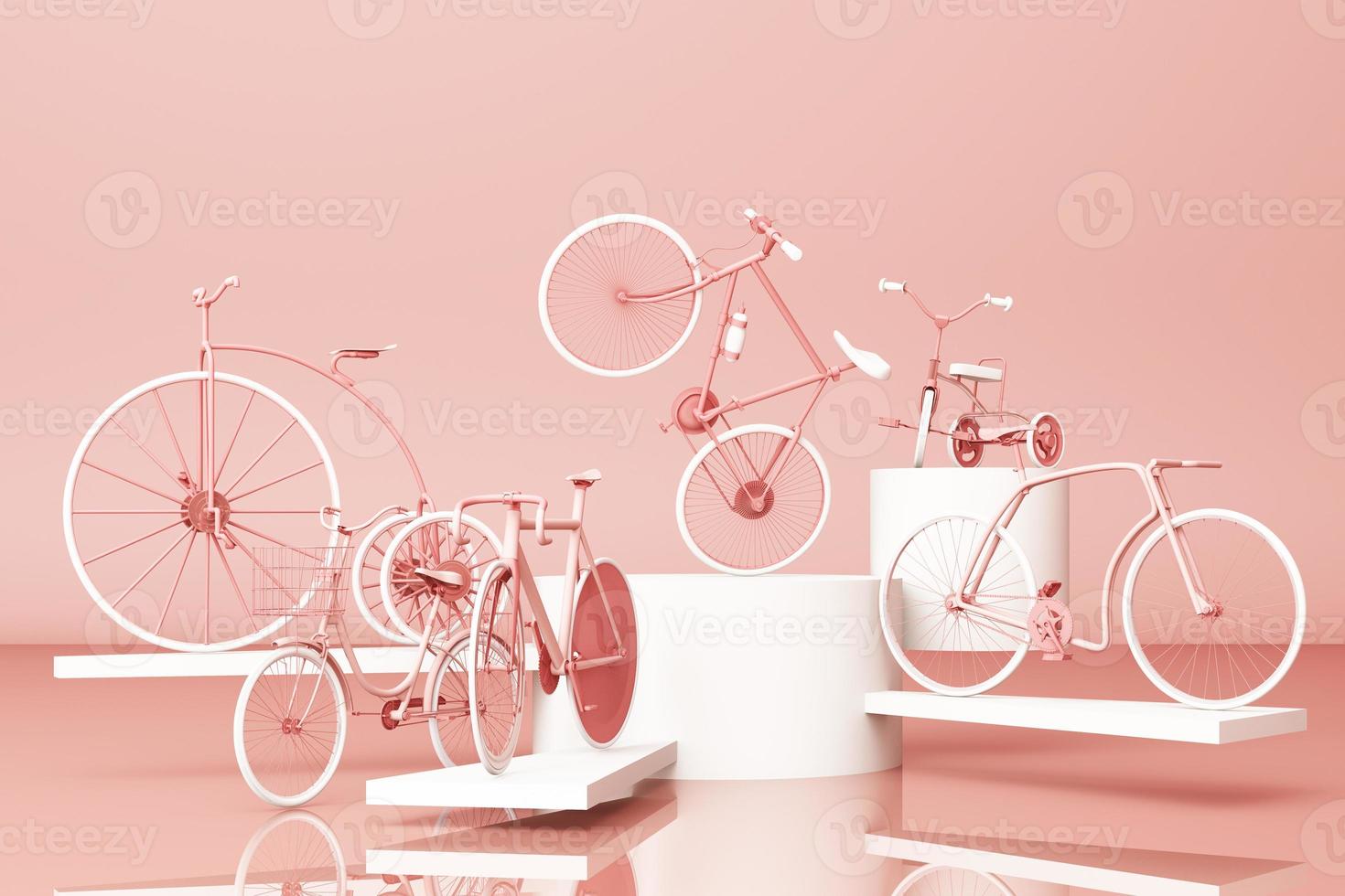 Many bicycle on platform with yellow background. Retro bike. 3d rendering photo