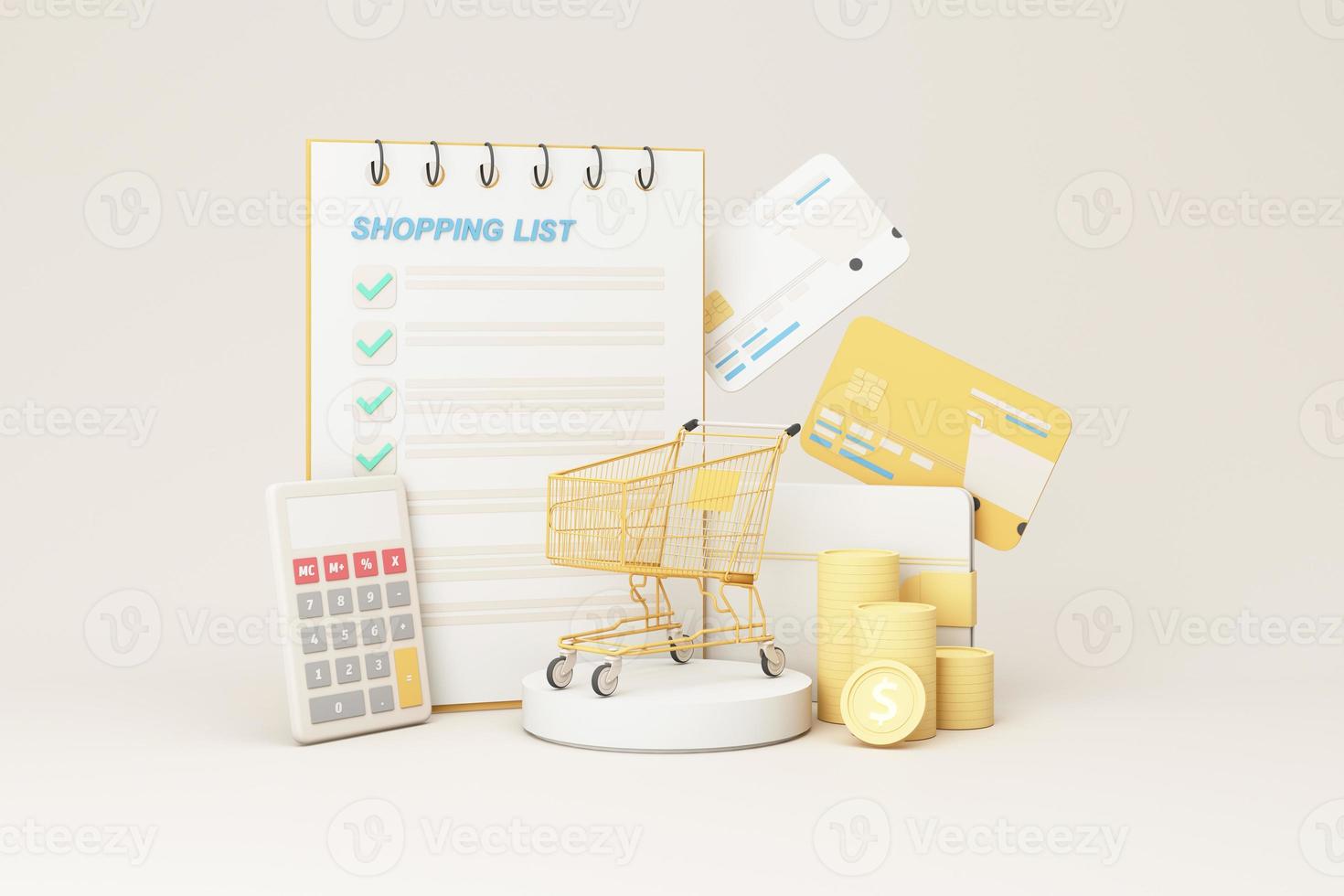 Internet store website interface. Purchases ordering, online payment. E-commerce. Wishlist, buy, my orders list with cart, credit card and money wallet. on white background realistic 3d render photo