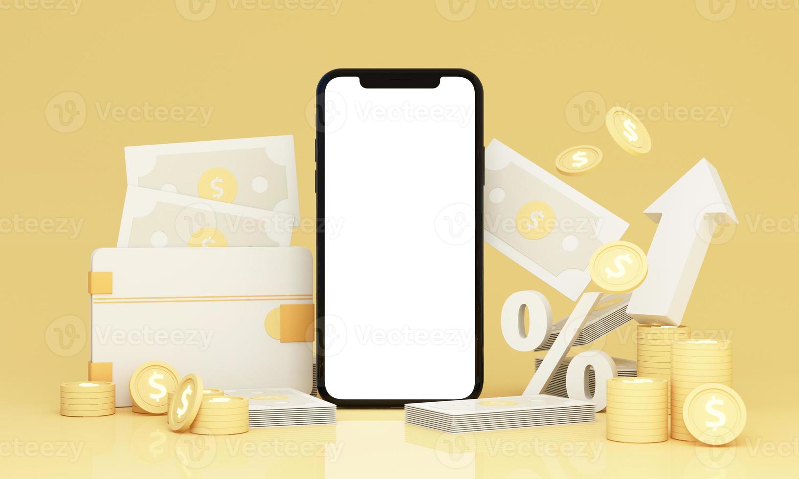 a phone screen with wallet and higher interest rates on deposits and digital money in the concept of financial stability and growth and an empty space on a yellow background realistic 3d render photo
