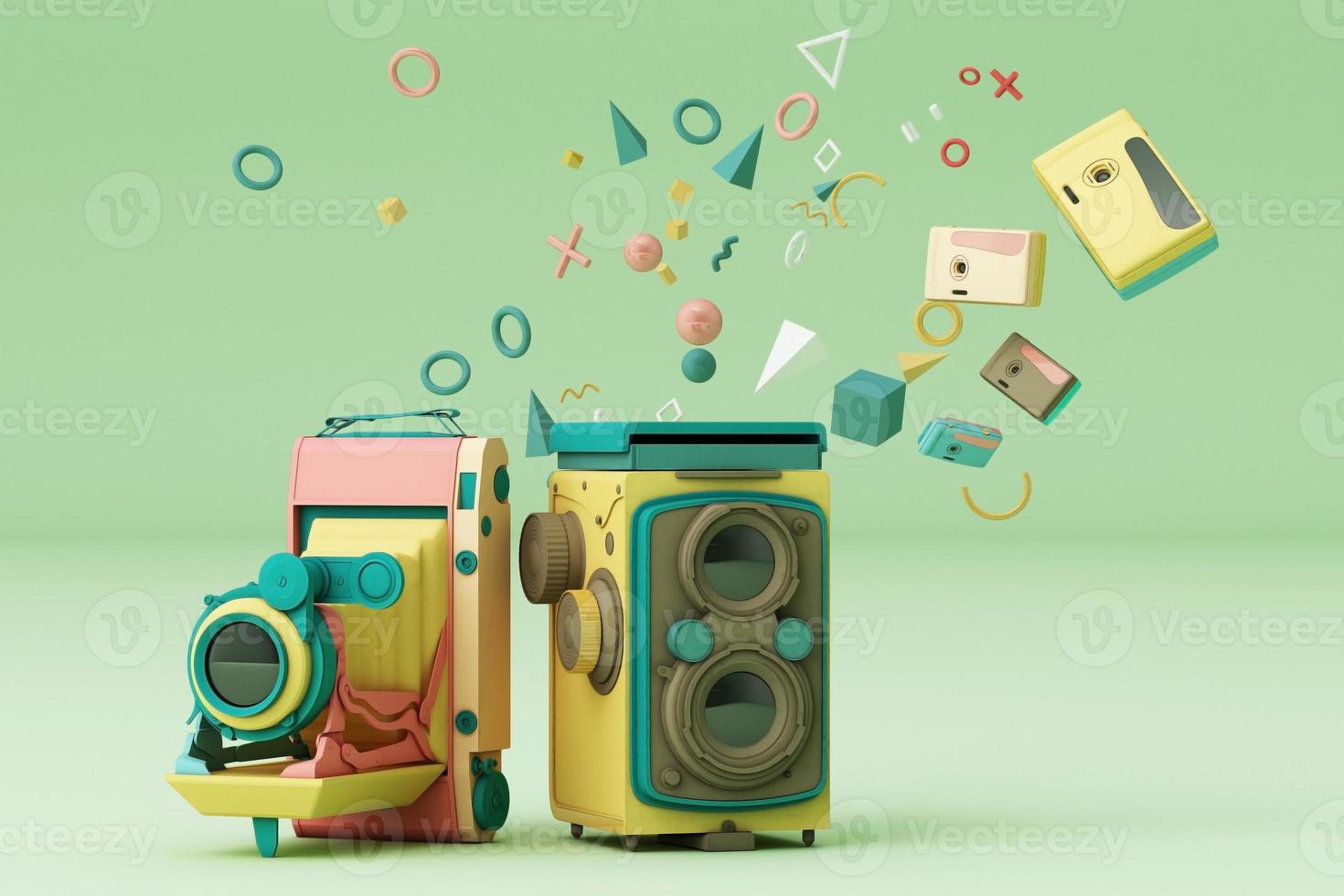 Colorful vintage camera surrounding by memphis pattern on a pastel background. 3d render. photo