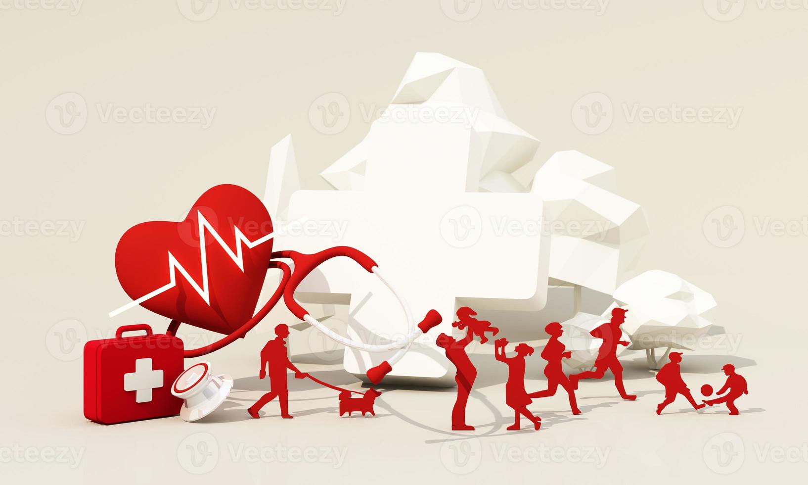 May 8th, World Red Cross symbol with globe on white background, and red paper people, low poly trees around the world, World Red Cross and red Crescent Day, insurance. realistic 3d render photo