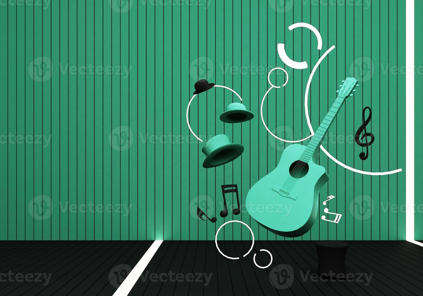 guitar and black hat with music keys on a yellow floor and background 3D Render. photo