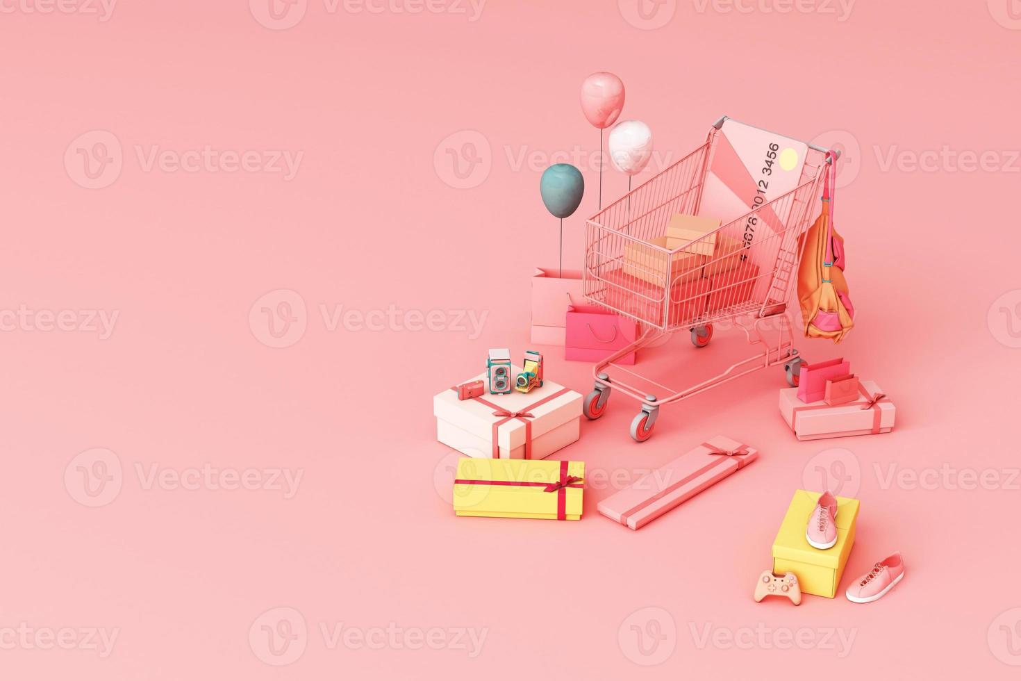 Supermarket shopping cart surrounding by giftbox with credit card on pastel background. 3d rendering photo