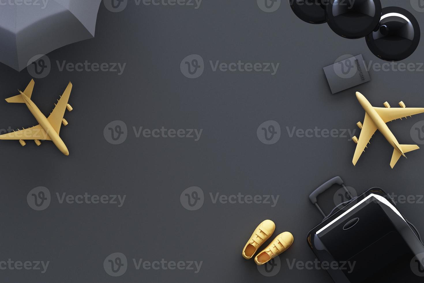 suitcase with traveler accessories on grey  background. travel concept. 3d rendering photo