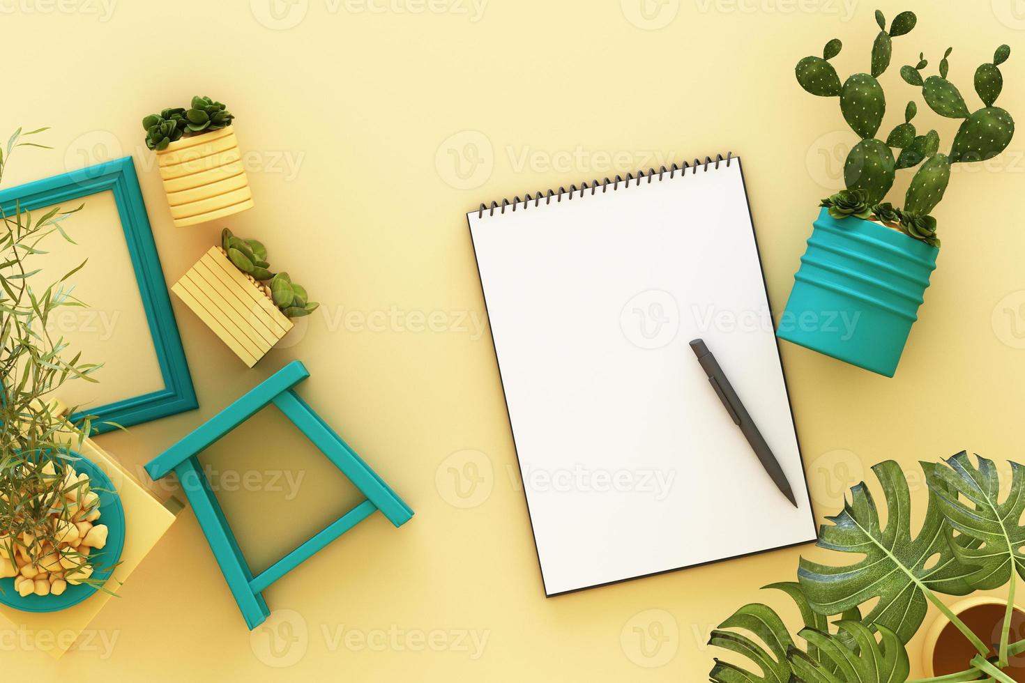 Design concept - top view of white A4 flipped paper with black clipboard, potted plant, cactus, frame and pen on pastel background. 3d rendering photo