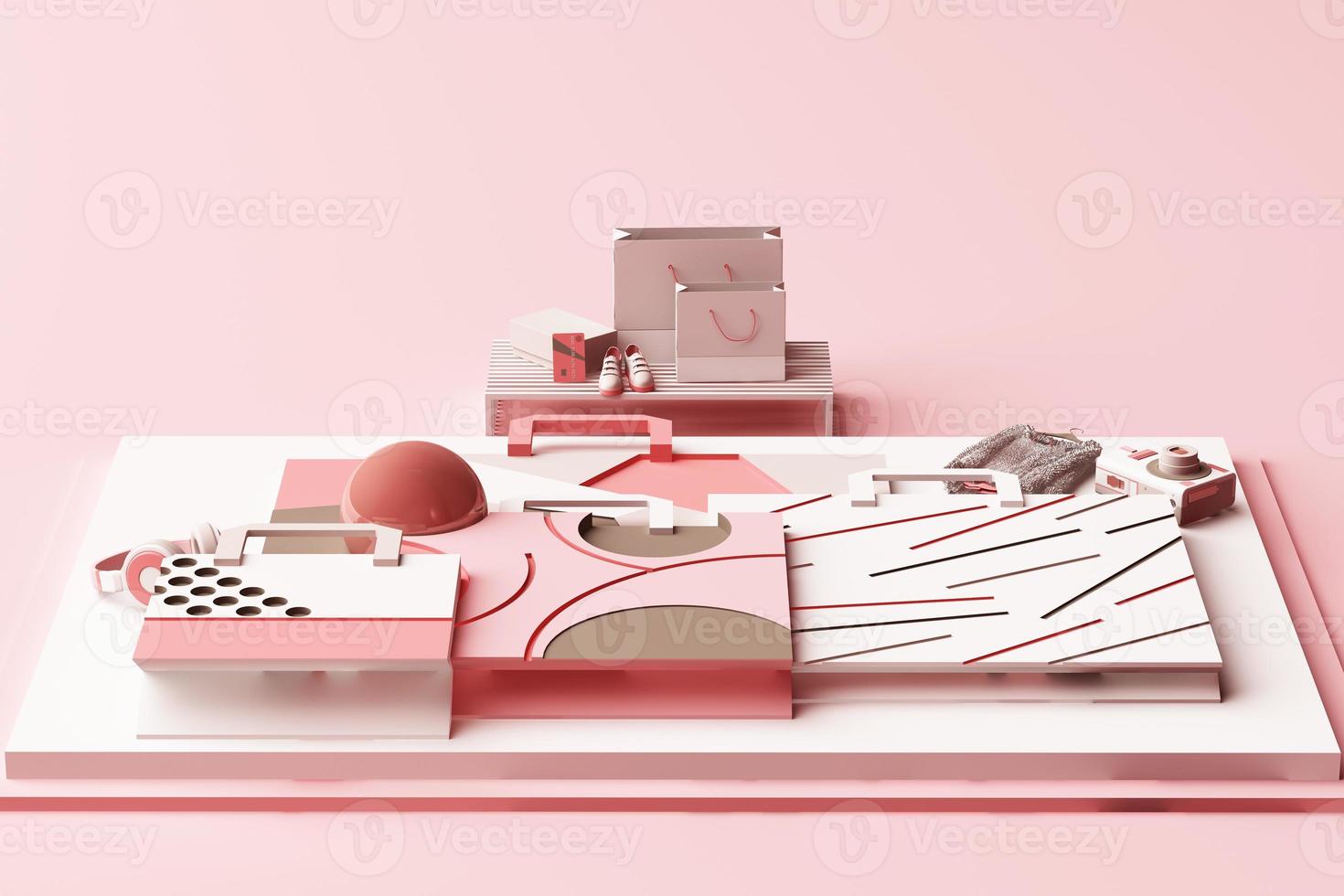 Design with composition of shopping bag by geometric memphis style shapes in pastel tone. 3d rendering illustration photo