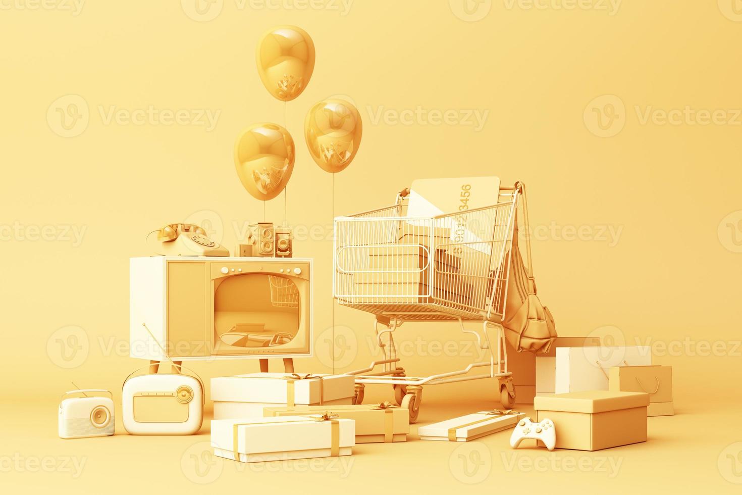 Supermarket shopping cart surrounding by giftbox with credit card and many gadget on pastel background. 3d rendering photo