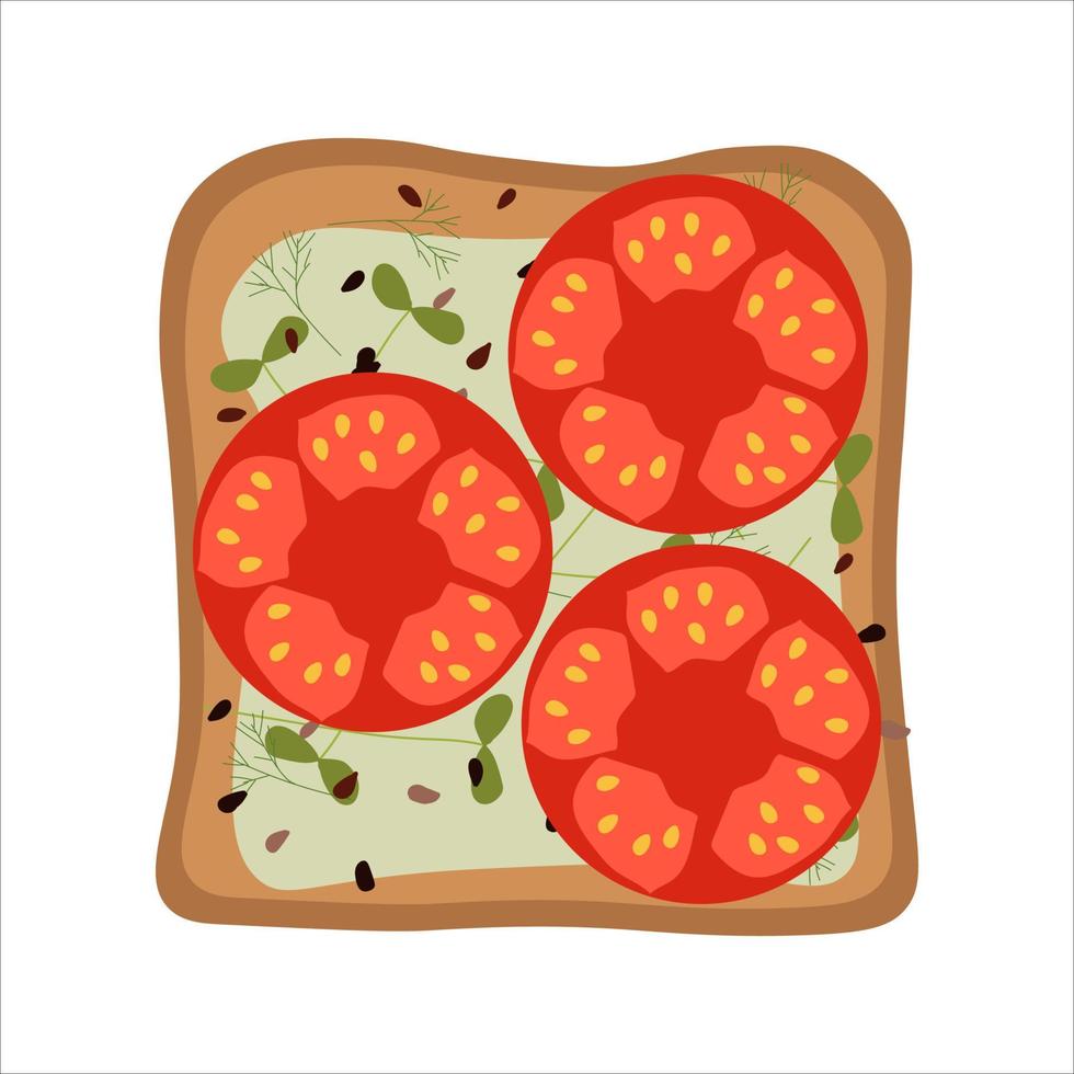toast with tomatoes and avocado for breakfast. vector flat illustration