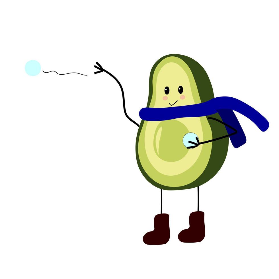 Vector illustration winter character avocado guy playing snowballs. Winter Games.