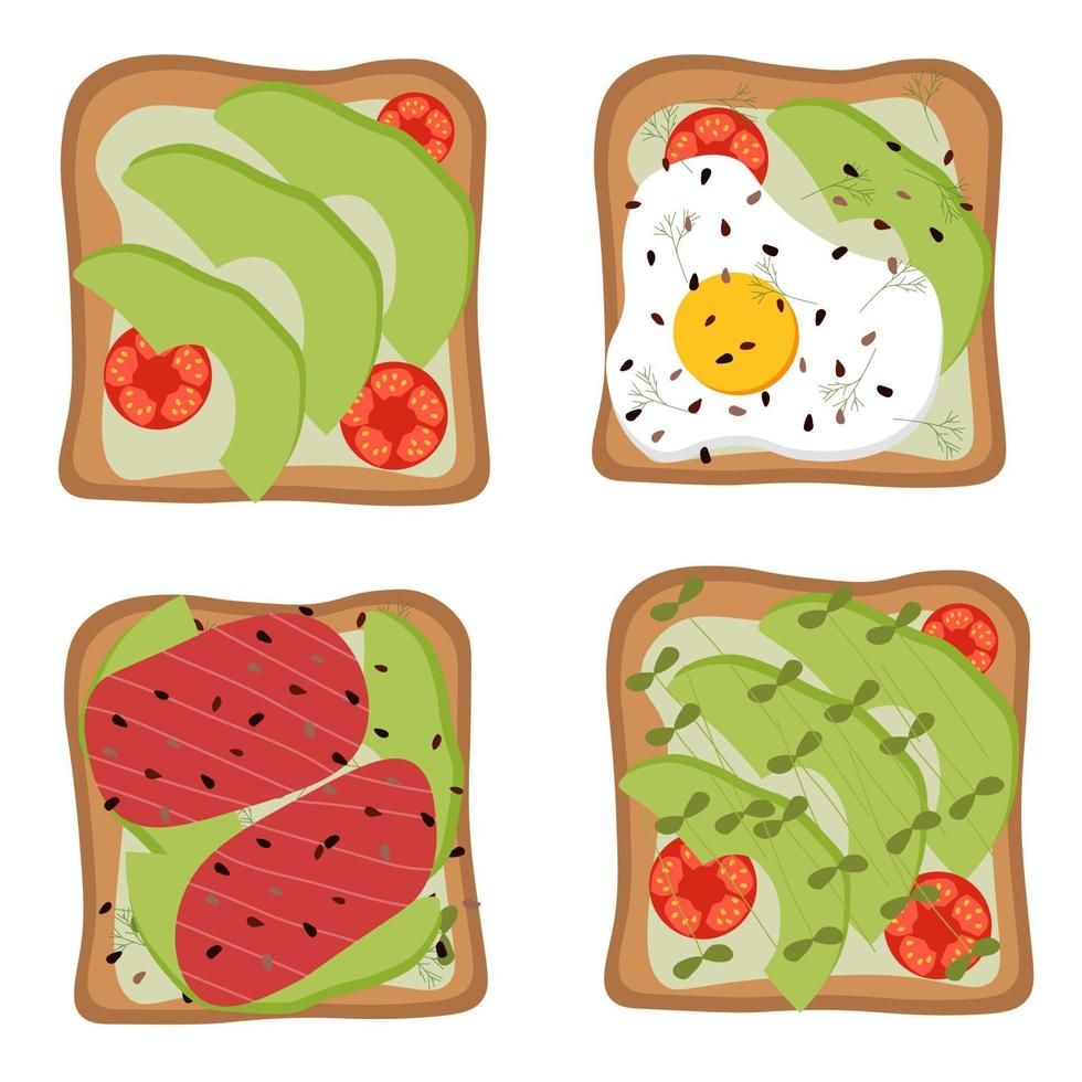 Set of vector toasts and sandwiches. Slices of bread with egg, avocado, fish, cucumber, tomatoes.