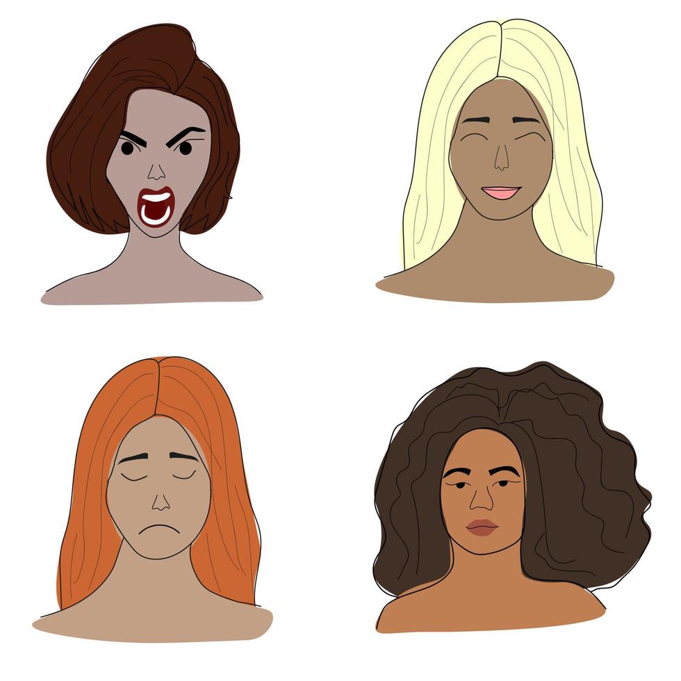 Doodle set of girls faces. vector