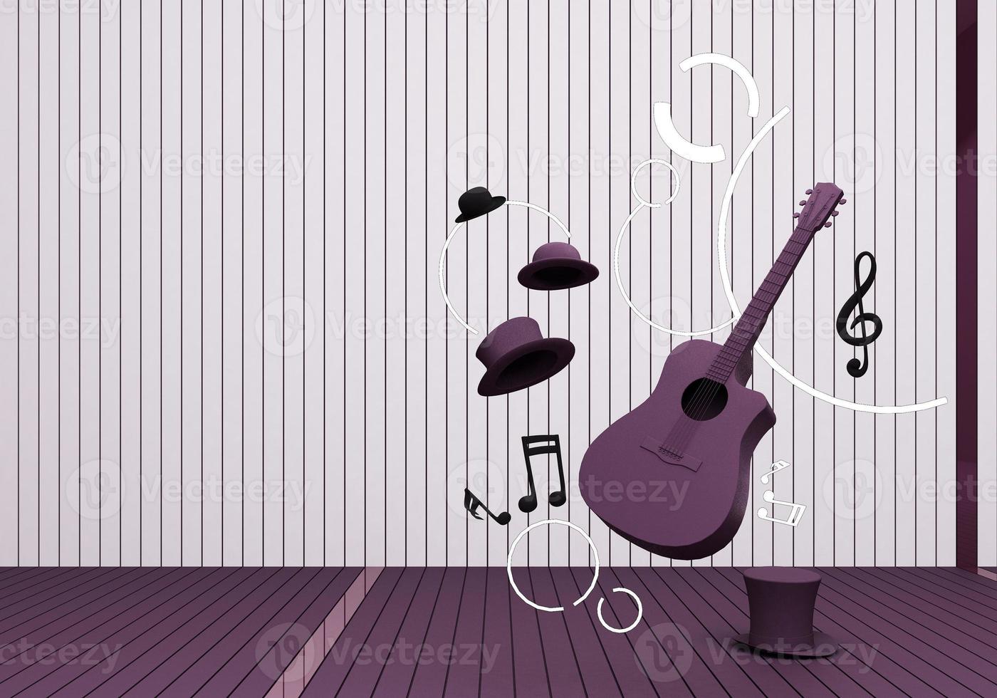 guitar and black hat with music keys on a yellow floor and background 3D Render. photo