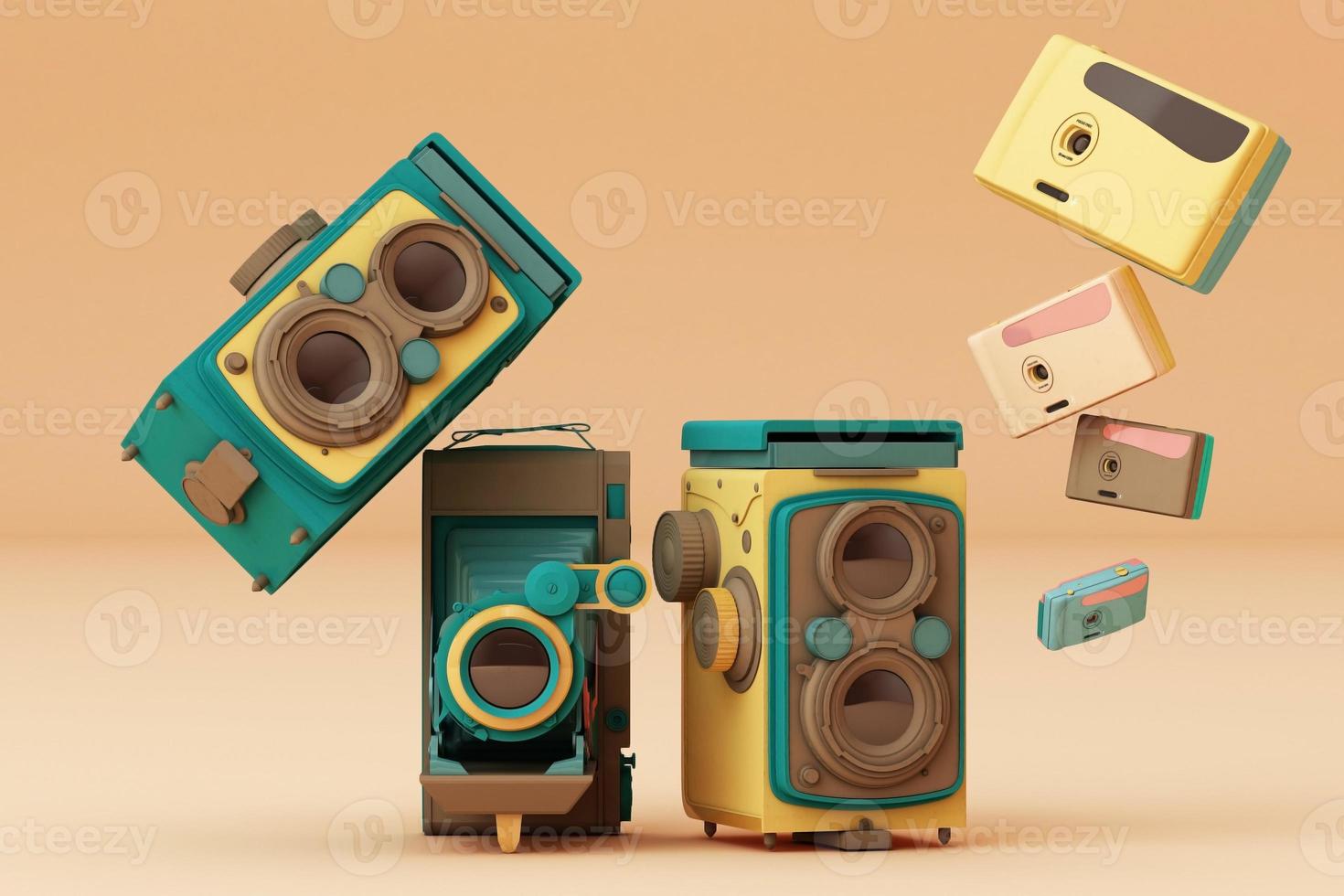 Colorful vintage camera surrounding by memphis pattern on a pastel background. 3d render. photo