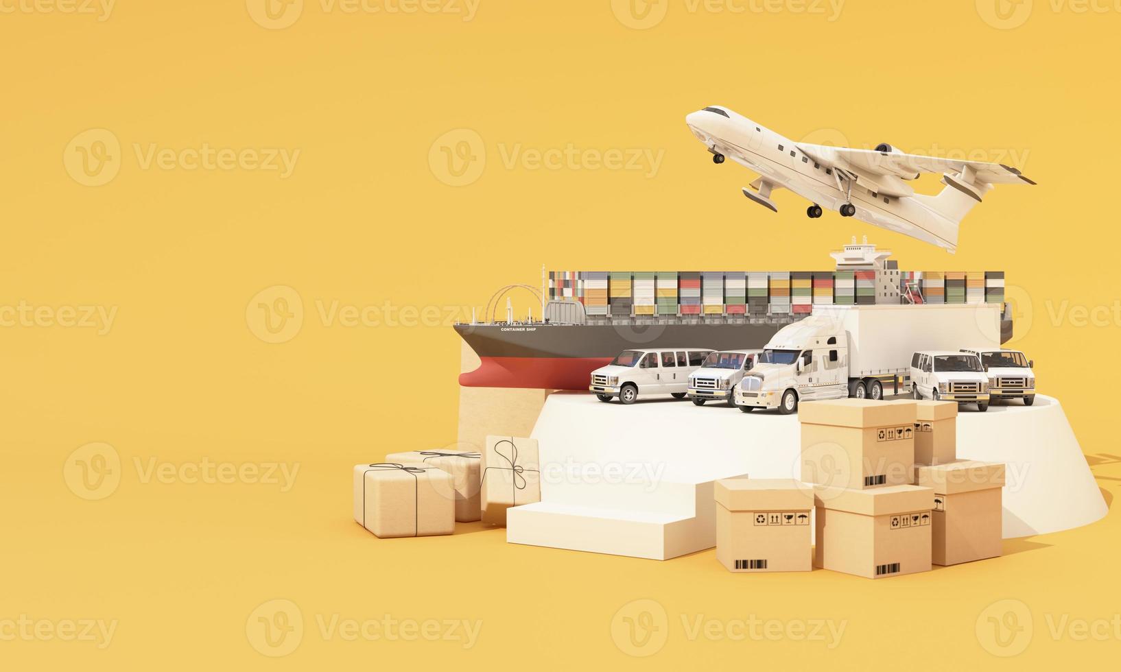 international transport shipping concept podium product stand surrounded by cardboard boxes, a cargo container ship, a flying plane, a van and a truck isolated on yellow background 3D rendering photo