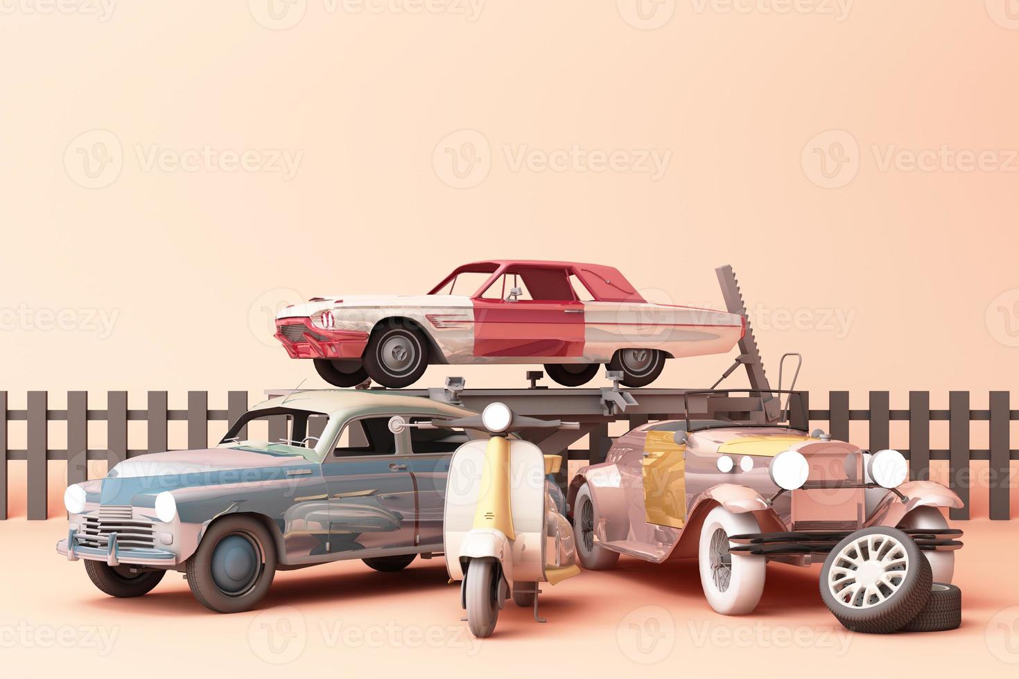 Vintage cars in pink pastel color with vintage scooter on pastel background. 3d rendering photo
