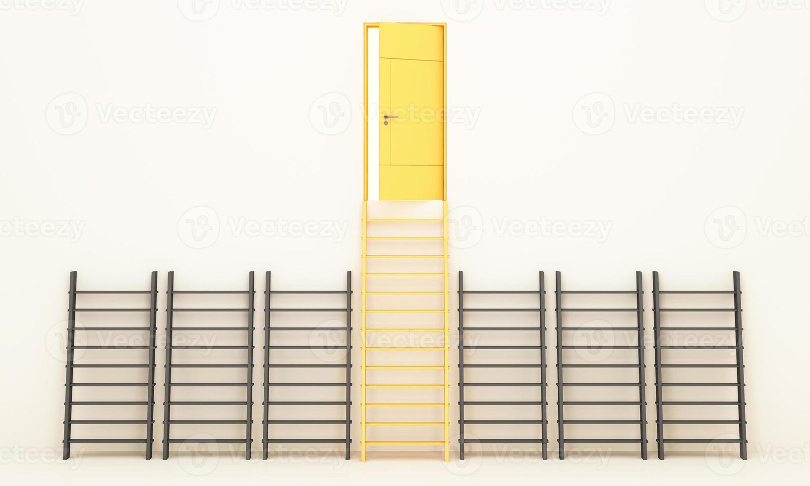 yellow door of success with a light inside, ladder leaning against the wall. that requires more effort than other stairs Concept of commitment and goals in business with copy space realistic 3d render photo