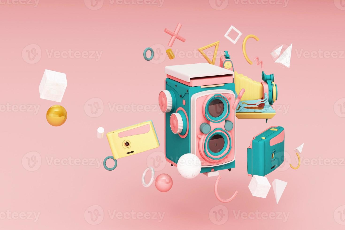 Colorful vintage camera surrounding by memphis pattern on a pastel background. 3d render. photo