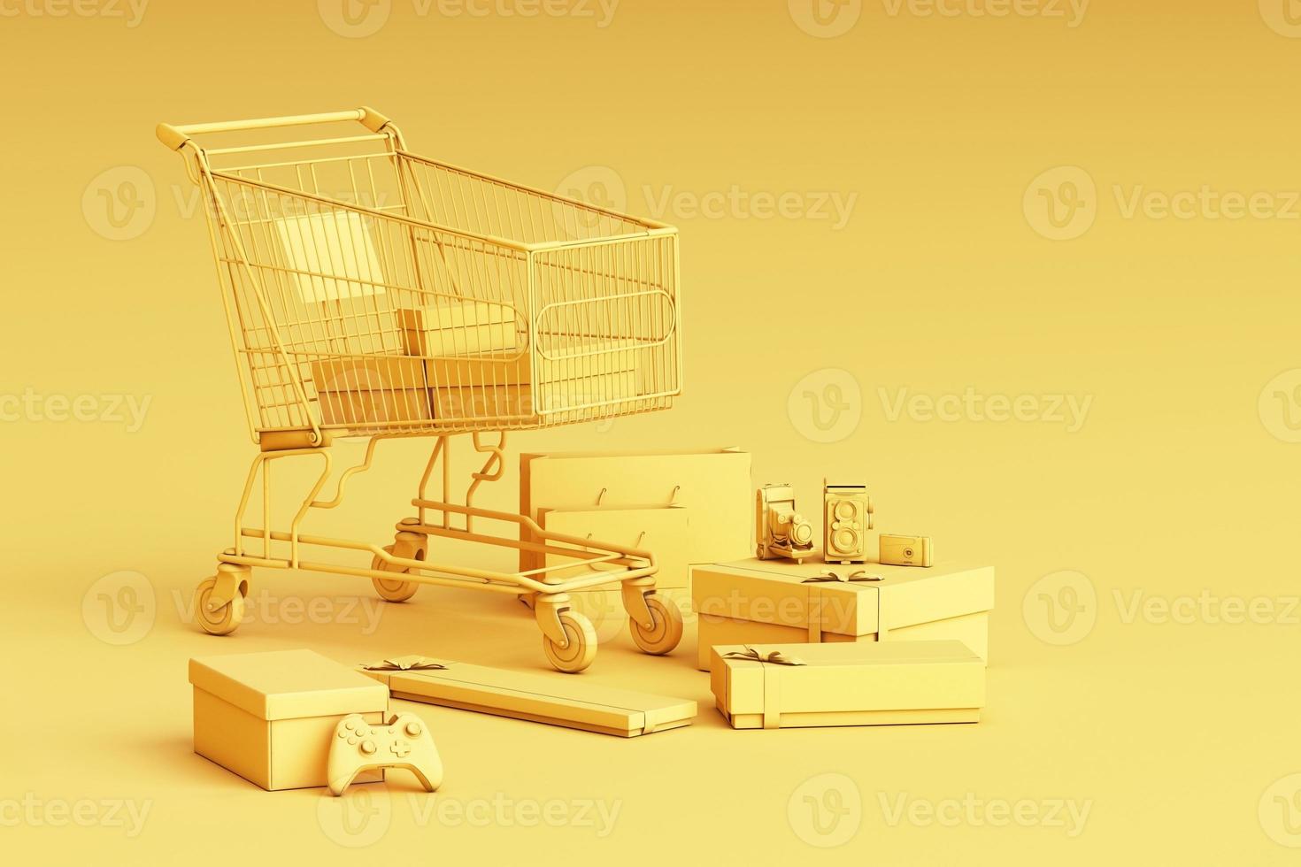 Supermarket shopping cart surrounding by giftbox with credit card on pastel background. 3d rendering photo