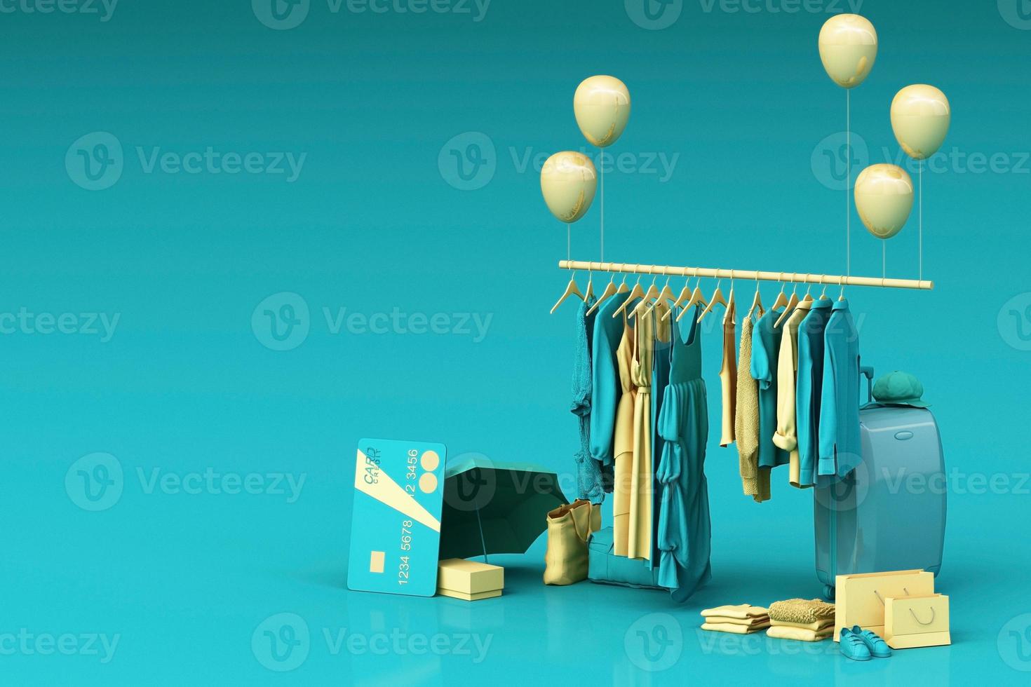 Clothes on a hanger surrounding by bag and market prop with credit card on the floor. 3d rendering photo