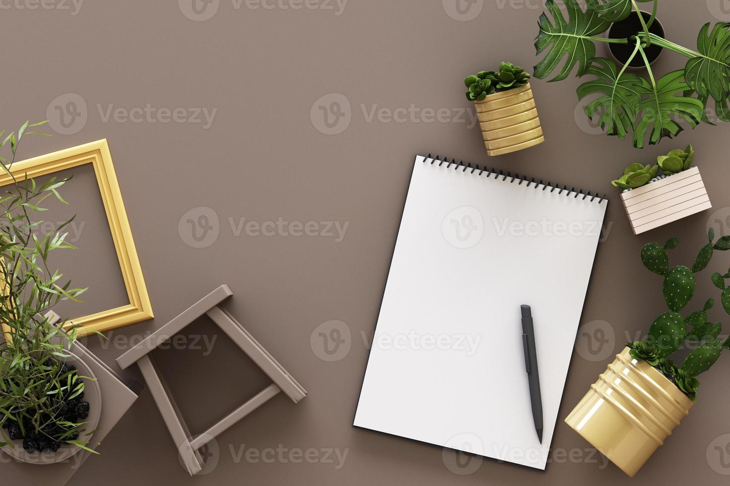 Design concept - top view of white A4 flipped paper with black clipboard, potted plant, cactus, frame and pen on pastel background. 3d rendering photo