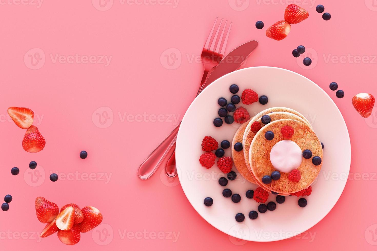 Pancake with blueberry and strawberry in the plate on pink pastel background. 3d render photo