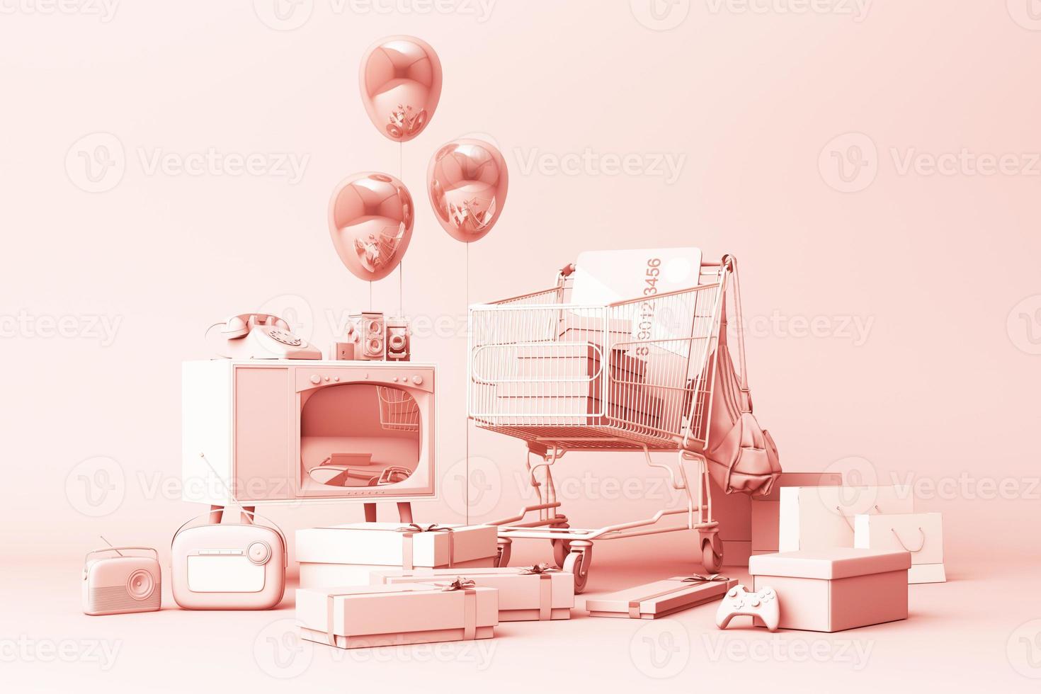 Supermarket shopping cart surrounding by giftbox with credit card and many gadget on pastel background. 3d rendering photo