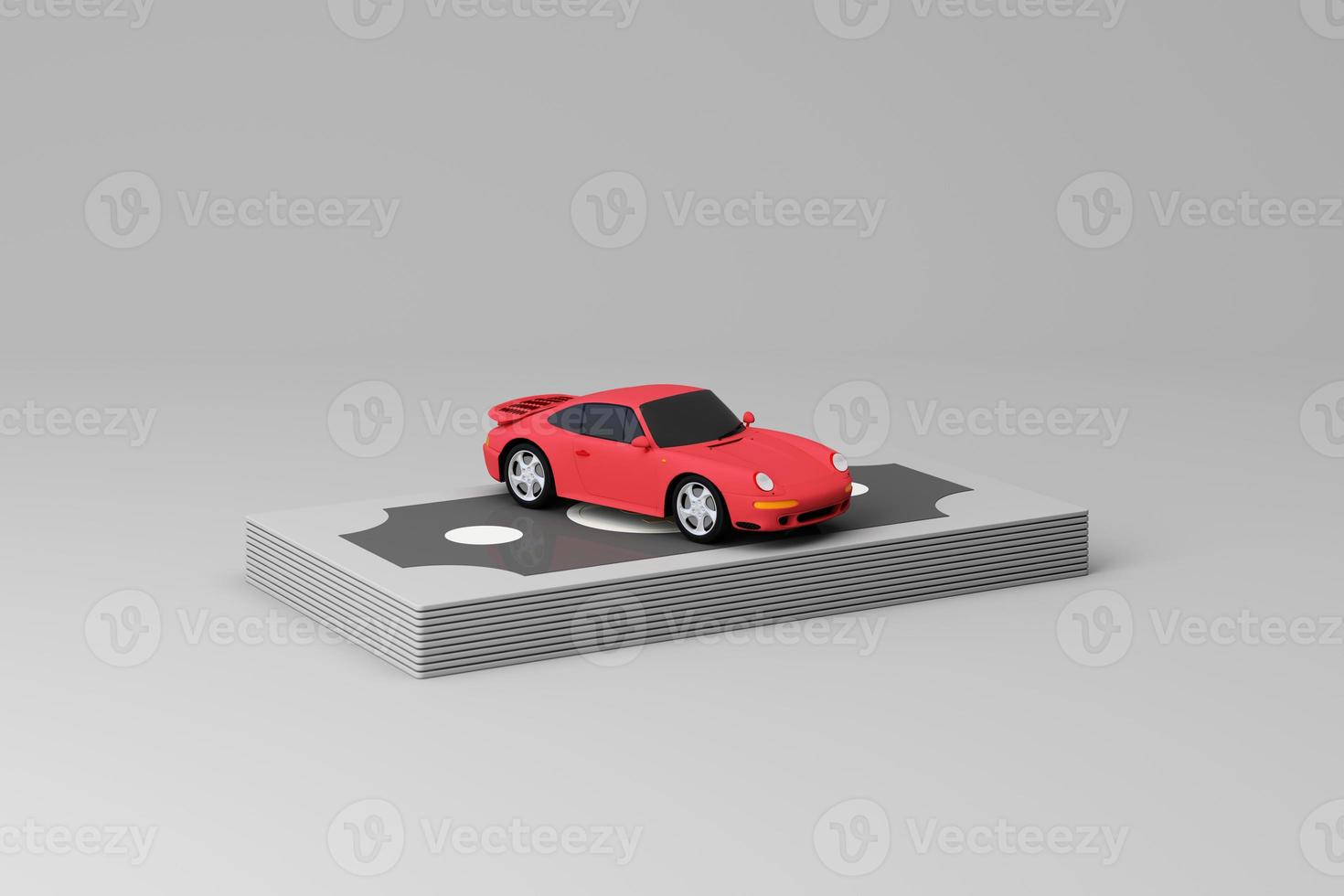 Dealer giving keys chain to a buyer. car rental or sale and car insurance or savings to buy a car concept with money cash and calculator and money coins on pastel background 3d rendering photo