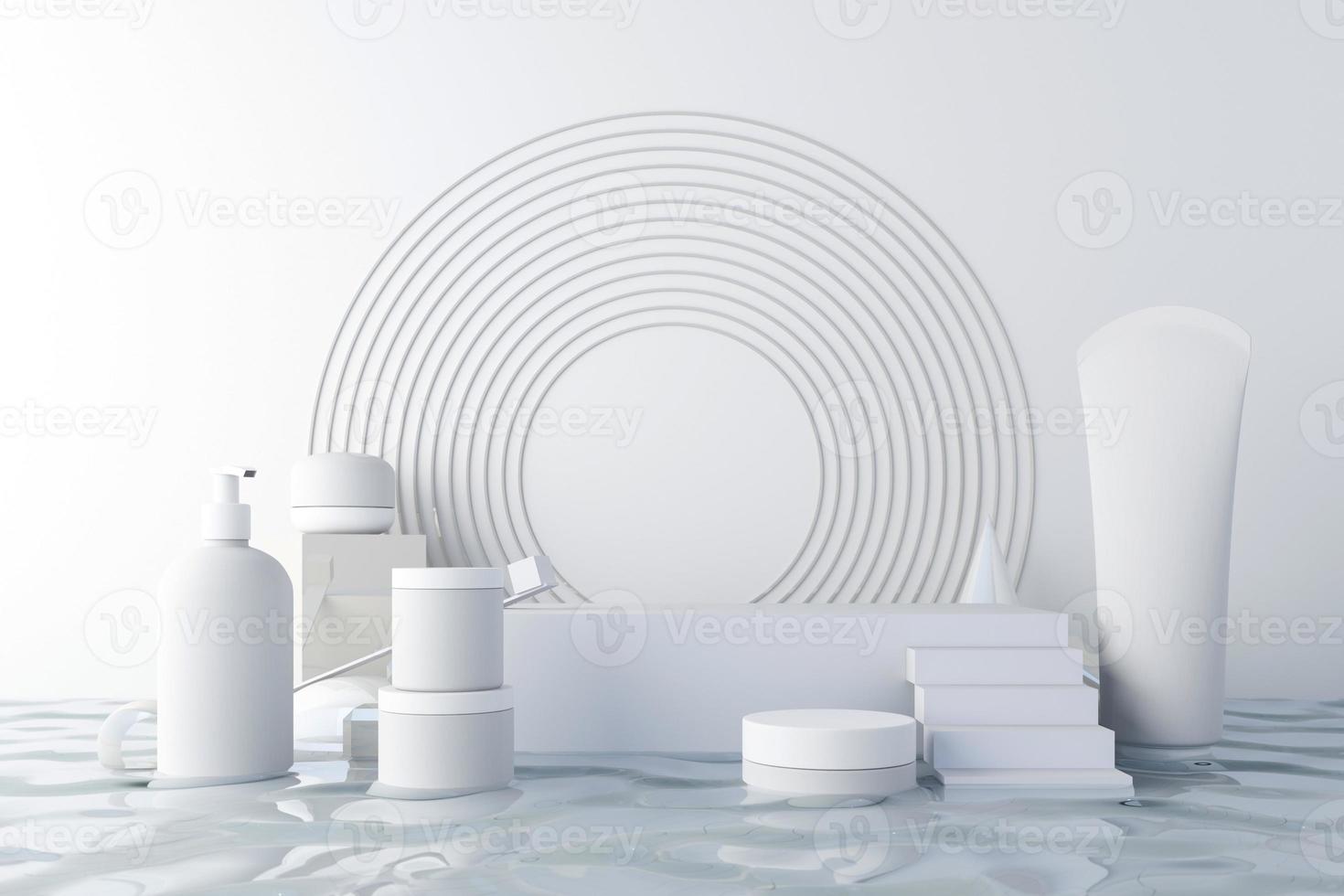 cosmetic product mockups on geometric podiums. Background and geometric shape on the water for presentation of cosmetic realistic 3d rendering photo